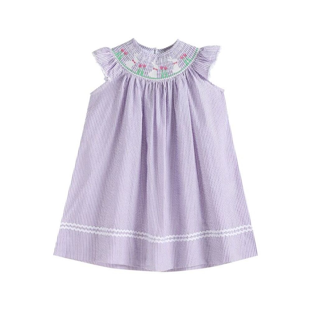 Girls Lilac Smocked Sleeveless Dress with Floral Detail